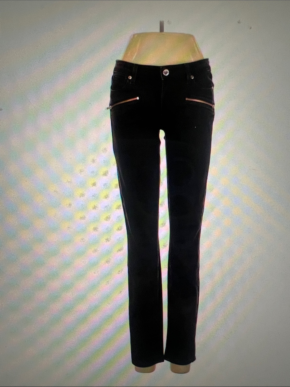 PAIGE Black Slim Straight Pants with Gold Zipper Details